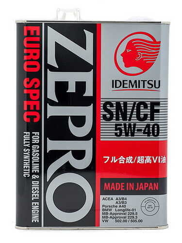 1849004 IDEMITSU 5W40 ZEPRO EURO SPEC (4L) масло моторное! синт. API SN, ACEA A3/B4,MB229.5,VW502.00/505.00;Масло моторное синтетика 5W-40 4 л