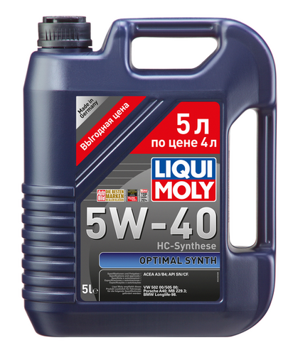 2293 LIQUIMOLY LiquiMoly 5W40 Optimal Synth (5L) масло мотор.! син. api SN/CF,ACEA A3-04,B4-04:VW,Porsche,MB229.3;Масло моторное Liqui moly Optimal Synth 5W-40 синтетика 5 л