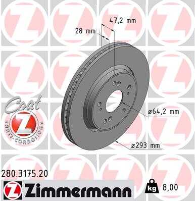 280317520 ZIMMERMANN Диск тормозной перед. 293x28/47-5x114 Honda CR-V 2.0/2.2CTDi/DTEC/2.4VTEC 07>;Тормозной диск