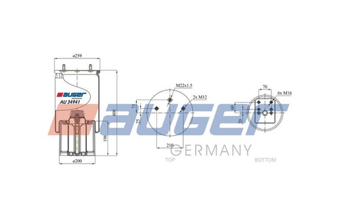 AU34941KP AUGER Пневмопод. со стак. 941MB h523 2шп. M12смещ.25. 1отв. штуц. M22. поршень пластикbpw;Кожух пневматической рессоры