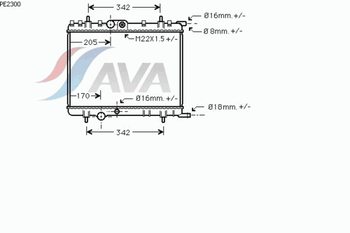 PE2300 AVA Радиатор охлаждения двигателя;Радиатор системы охлаждения! замена PEA2222Citroen C4/Xsara,Peugeot 206/307 1.4/1.6i 97>;Радиатор, охлаждение двигателя